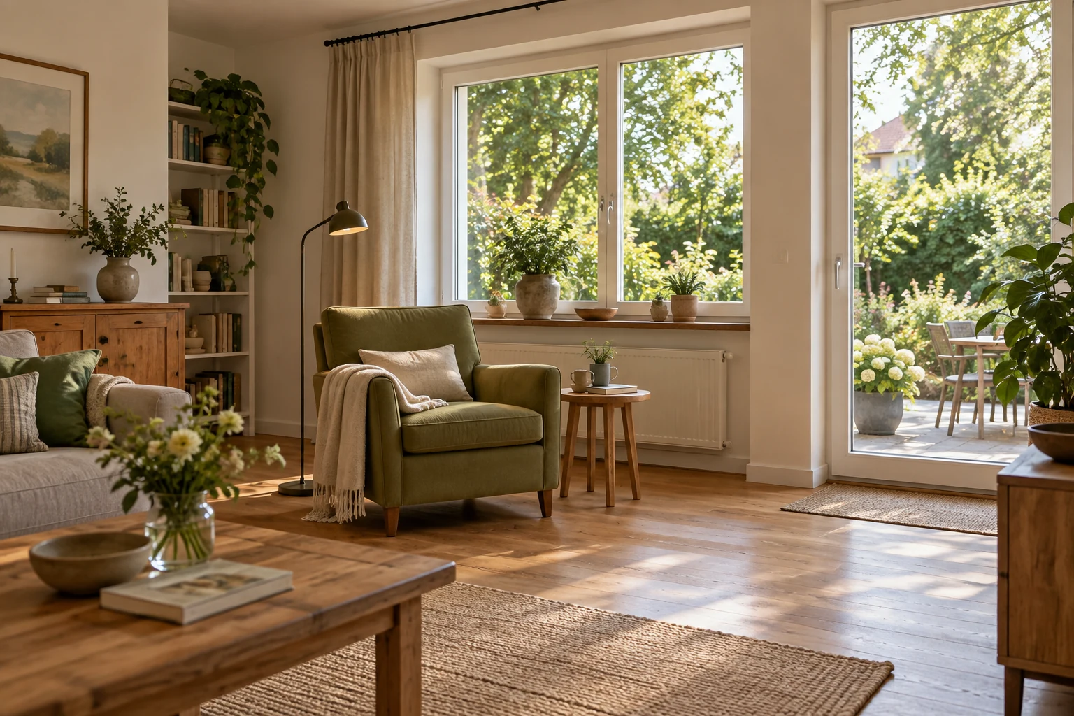 Ruhiger Wohnbereich mit einem Sessel, einer Leselampe und weitem Blick auf Terrasse und Garten.